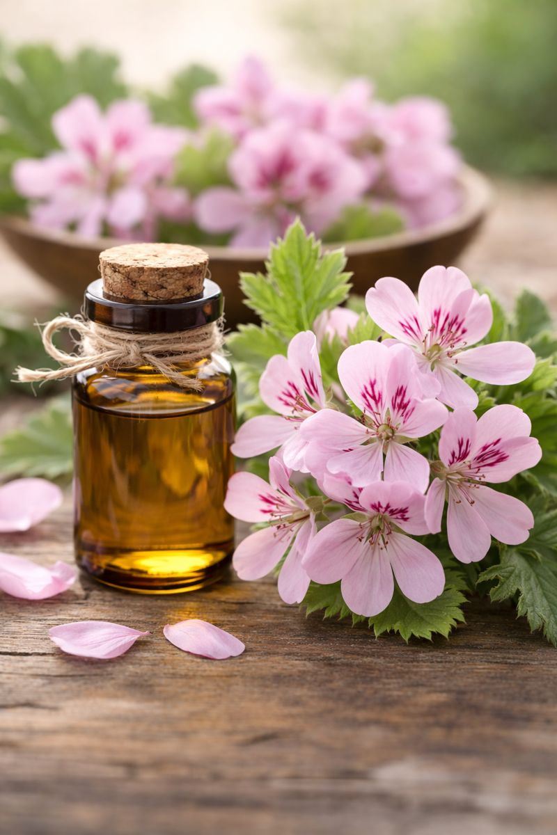Organic rose geranium essential oil container with flowers