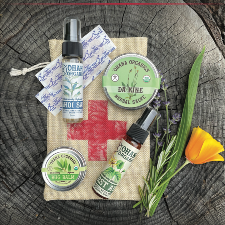 Organic First Aid Kit. This Herbal First Aid Kit is easy to throw in your backpack for all your adventures or keep in your car or travel bag. Kit includes: 1 oz Herbal First Aid Spray to help clean and disinfect wounds, 2 oz Organic Da Kine Salve great for healing and skin moisturizing, 1 oz Bug Balm to keep those pesky bugs away, 1 oz Handi Sani herbal sanitizing spray and 2 bandages. Kit comes in a muslin bag to add any other essentials. Made in small batches with certified organic ingredients.