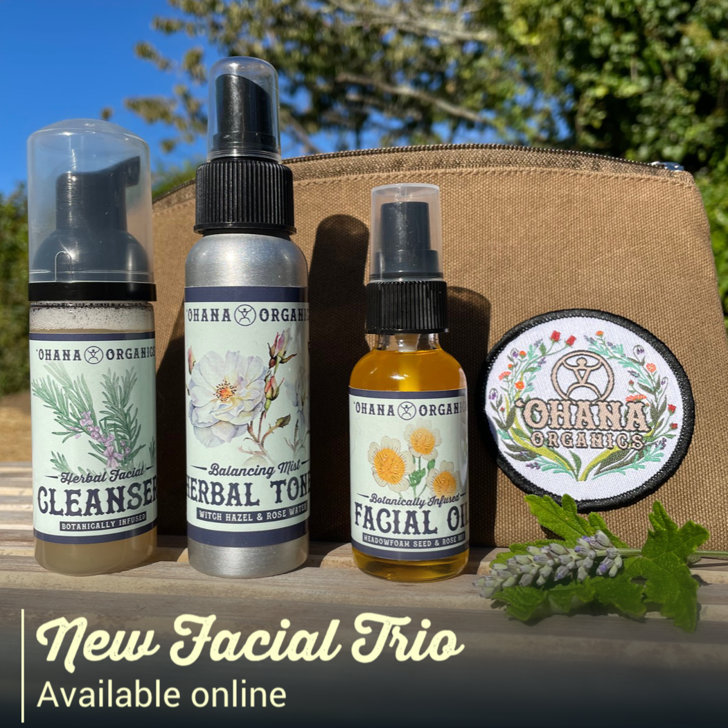 Our New Facial Oil is made for combination skin and light enough for everyday use. Made with oils of Meadowfoam seed, Kukui Nut, Shea and Rosehip seed and infused with 'Ohana's own organic herbs of Lavender, Roses, Calendula and rose geranium. This special formula took two years to perfect and soon to be a customer favorite. For best results pair with our gentle foaming facial cleanser and refreshing herbal toner.