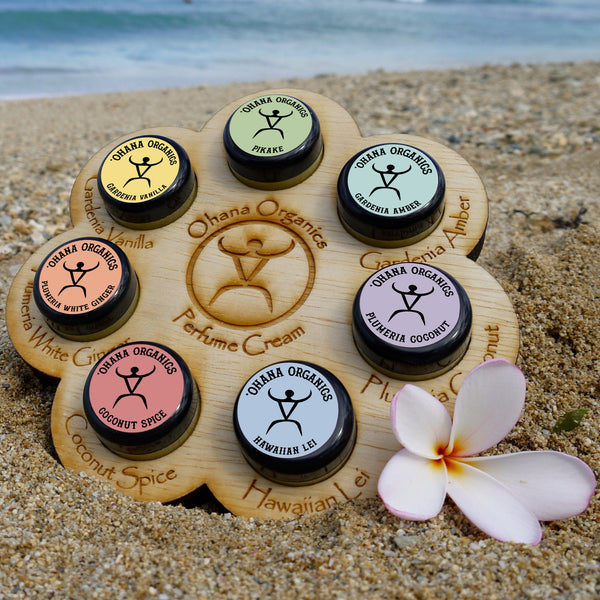 Solid Perfume Cream, Our perfume creams are intimate and captivating. Each intoxicating fragrance is inspired by the allure of the Hawaiian Islands. Created in small batches with an 95% organic base, ‘Ohana’s own organic herbs and high-quality paraben free fragrance. Toss it in your purse and smell great on the go. Bring the scents of the Islands to you!
